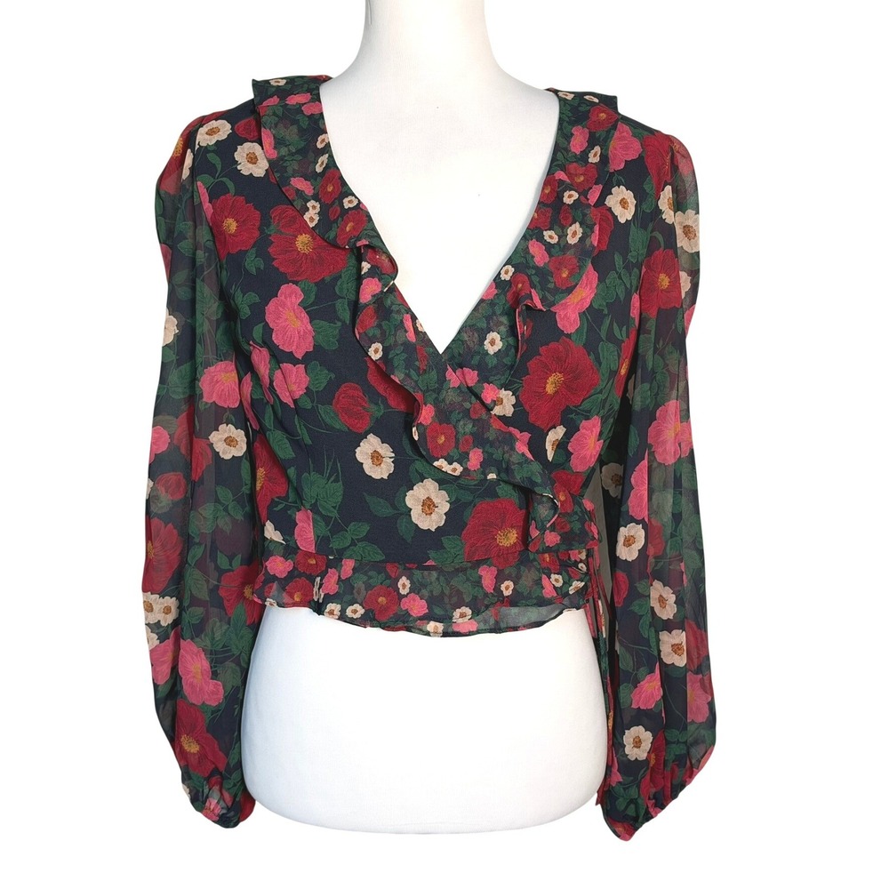 KEEPSAKE Women's Small Black Red Pink Floral Ruffle Wrap Top Long Sleeve Crop